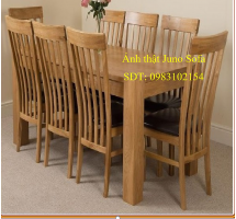 Bộ bàn ghế phòng ăn gỗ sồi Juno sofa màu vàng tự nhiên 1m8 + 8 ghế nệm lưng 5 nan